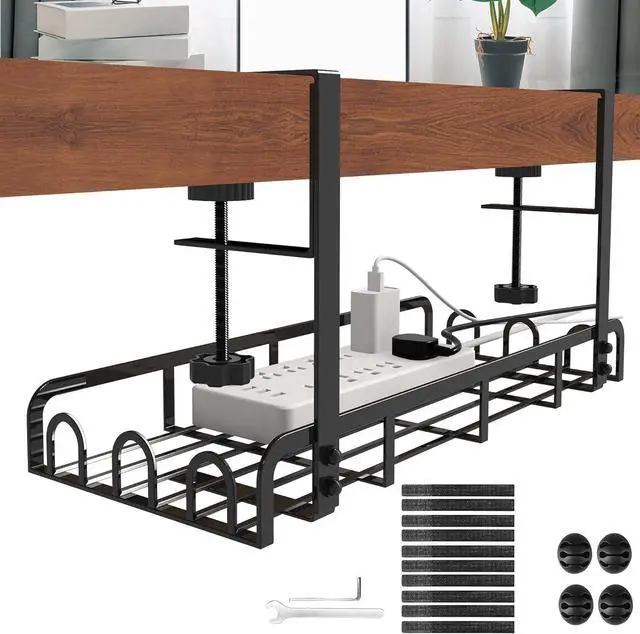 Main image of Sleclean Under Desk Cable Management Tray,2 Pack, Upgraded Long Arm Clamp, 16.6"x7.1" No Drill Steel Desk Cable Organizers, Cable Tray with Clamp for Desk Wire Management,Home-No Damage to Desk