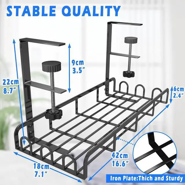 Alt view image 6 of 6 - Sleclean Under Desk Cable Management Tray,2 Pack, Upgraded Long Arm Clamp, 16.6"x7.1" No Drill Steel Desk Cable Organizers, Cable Tray with Clamp for Desk Wire Management,Home-No Damage to Desk