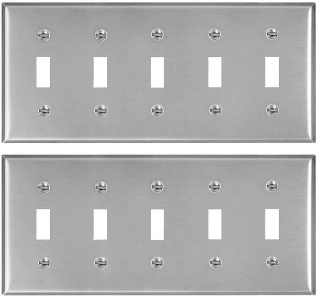 Main image of (2 Pack) AP-10425, Stainless Steel Toggle Switch Wall Plate, 5 Gang Standard Size 4.50" x 10" Corrosion and Heat Resistant Unbreakable Metal, Silver Light Switch Cover Panel, Matching Screws