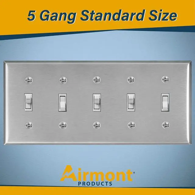 Alt view image 2 of 7 - (2 Pack) AP-10425, Stainless Steel Toggle Switch Wall Plate, 5 Gang Standard Size 4.50" x 10" Corrosion and Heat Resistant Unbreakable Metal, Silver Light Switch Cover Panel, Matching Screws