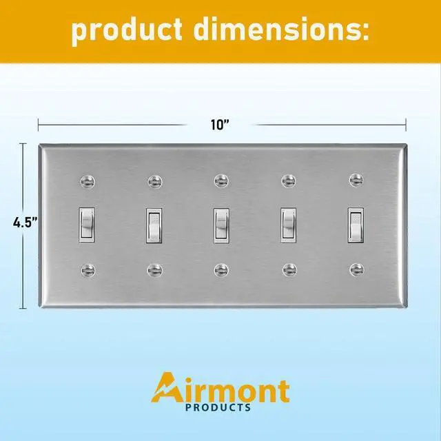 Alt view image 4 of 7 - (2 Pack) AP-10425, Stainless Steel Toggle Switch Wall Plate, 5 Gang Standard Size 4.50" x 10" Corrosion and Heat Resistant Unbreakable Metal, Silver Light Switch Cover Panel, Matching Screws