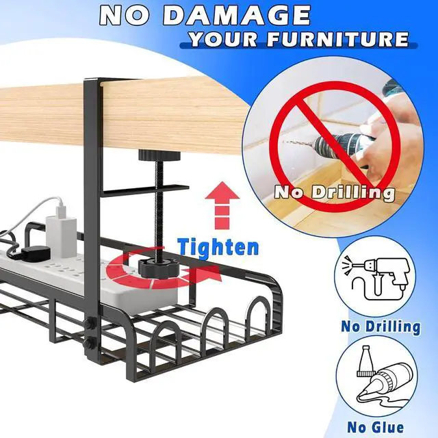 Alt view image 2 of 6 - Sleclean Under Desk Cable Management Tray,2 Pack, Upgraded Long Arm Clamp, 16.6"x7.1" No Drill Steel Desk Cable Organizers, Cable Tray with Clamp for Desk Wire Management,Home-No Damage to Desk
