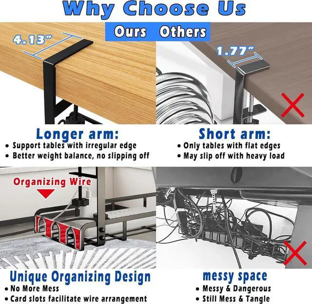 Alt view image 4 of 6 - Sleclean Under Desk Cable Management Tray,2 Pack, Upgraded Long Arm Clamp, 16.6"x7.1" No Drill Steel Desk Cable Organizers, Cable Tray with Clamp for Desk Wire Management,Home-No Damage to Desk