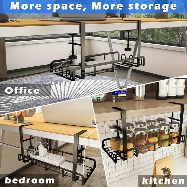 Alt view image 5 of 6 - Sleclean Under Desk Cable Management Tray,2 Pack, Upgraded Long Arm Clamp, 16.6"x7.1" No Drill Steel Desk Cable Organizers, Cable Tray with Clamp for Desk Wire Management,Home-No Damage to Desk