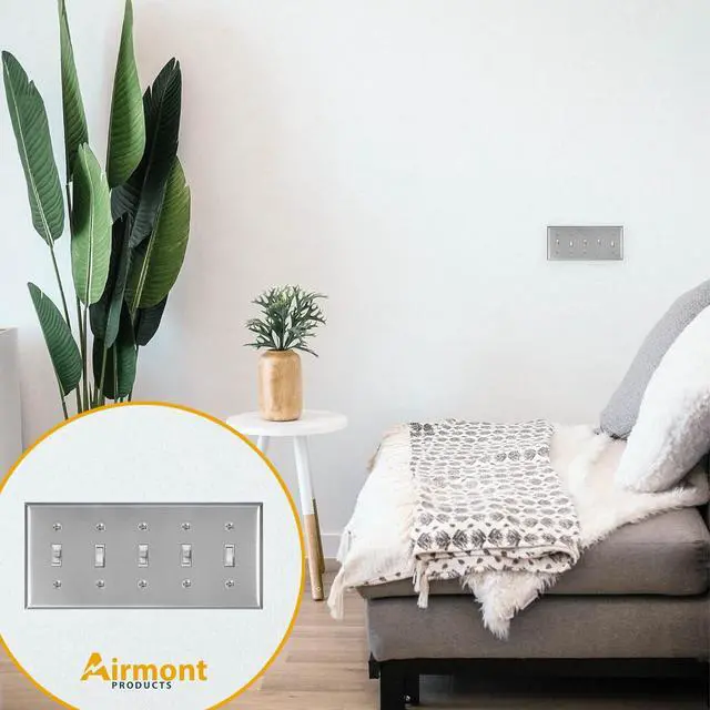 Alt view image 6 of 7 - (2 Pack) AP-10425, Stainless Steel Toggle Switch Wall Plate, 5 Gang Standard Size 4.50" x 10" Corrosion and Heat Resistant Unbreakable Metal, Silver Light Switch Cover Panel, Matching Screws