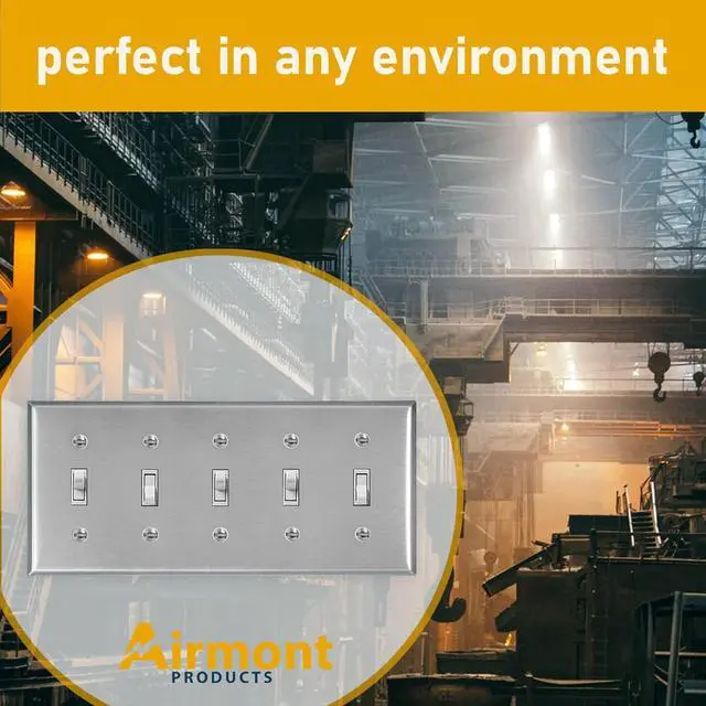 Alt view image 7 of 7 - (2 Pack) AP-10425, Stainless Steel Toggle Switch Wall Plate, 5 Gang Standard Size 4.50" x 10" Corrosion and Heat Resistant Unbreakable Metal, Silver Light Switch Cover Panel, Matching Screws