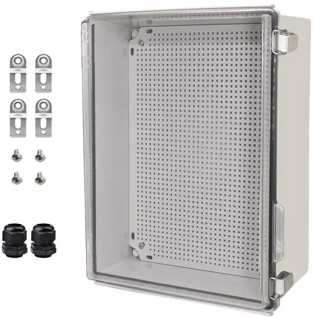 Main image of Waterproof Electrical Box with Mounting Plate, IP67 Junction Box Stainless Steel Latch Hinged Clear Cover Project Enclosure with Wall Bracket and 2 Glands 15.7" x 11.8" x 7.1"
