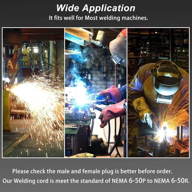 Alt view image 6 of 7 - Welder Extension Cord 6AWG, 15FT Welding Cords 50 amp, 125V/250V Welding Power Cord NEMA 6-50P/6-50R
