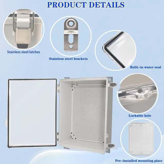 Alt view image 3 of 6 - Waterproof Electrical Box with Mounting Plate, IP67 Junction Box Stainless Steel Latch Hinged Clear Cover Project Enclosure with Wall Bracket and 2 Glands 15.7" x 11.8" x 7.1"