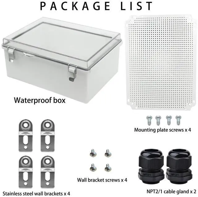 Alt view image 4 of 6 - Waterproof Electrical Box with Mounting Plate, IP67 Junction Box Stainless Steel Latch Hinged Clear Cover Project Enclosure with Wall Bracket and 2 Glands 15.7" x 11.8" x 7.1"