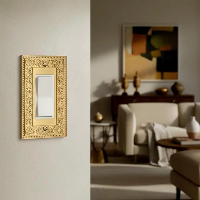 Alt view image 3 of 7 - Rio Salto Laurel Collection Gold Light Switch Cover Plate Medium Size 5" x 3.19" Brushed Brass Single Metal Rocker Decor Outlet Cover, Luxury Decorative Gold Switch Plates 4 Pack