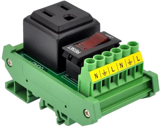 Alt view image 2 of 6 - DIN Rail Mount AC 120V NEMA 5-15R Receptacle Outlet Power Module, with Rocker Switch Thermal Circuit Breaker Overload Protector