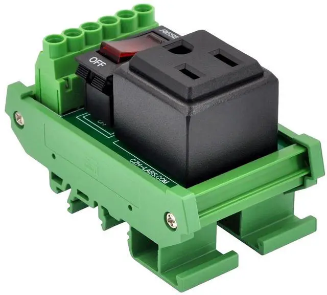 Alt view image 3 of 6 - DIN Rail Mount AC 120V NEMA 5-15R Receptacle Outlet Power Module, with Rocker Switch Thermal Circuit Breaker Overload Protector