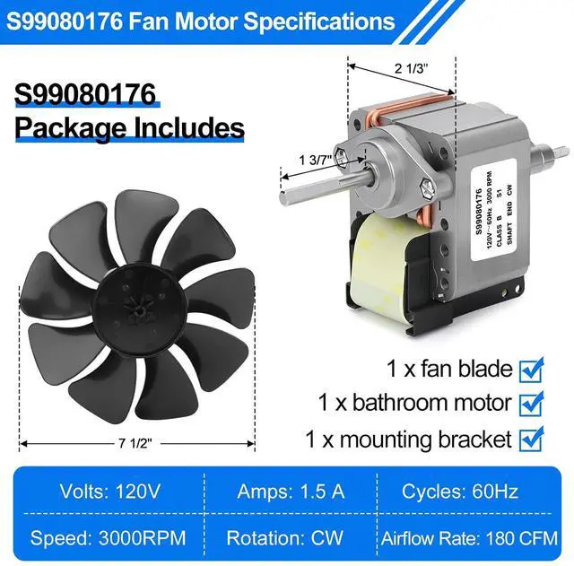 Alt view image 2 of 6 - S99080176 99080176 Bathroom Exhaust Fan Motor 180 CFM Powerful Vent Fan Motor, Replacement for 503-A, 505-A, 505-B, 505MG, 507-A, 507-B, 507-C, 507-MG Bathroom Fan Motor SP-61K32
