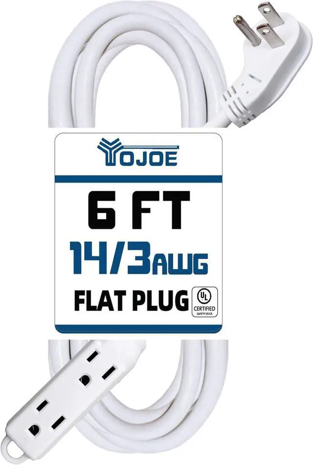 Main image of YOJOE 3-Outlets Flat Plug Indoor Extension Cord Outlet Extender, 3 Prong 6 ft 15A Power Strip, 14 Gauge Heavy Duty White Extension Cord, 14/3 SJTW, UL Listed