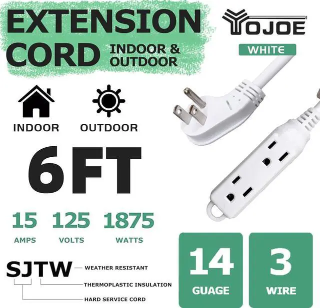 Alt view image 2 of 7 - YOJOE 3-Outlets Flat Plug Indoor Extension Cord Outlet Extender, 3 Prong 6 ft 15A Power Strip, 14 Gauge Heavy Duty White Extension Cord, 14/3 SJTW, UL Listed