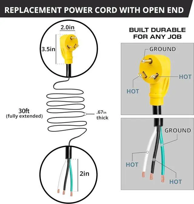 Alt view image 4 of 7 - Iron Forge Cable 30 Amp 30 ft RV Replacement Cord, 10/3 Gauge 30 Amp RV Extension Cord, NEMA TT-30P to Open End 3 Wire, 10 Gauge Heavy Duty STW Electrical Wire for Camper