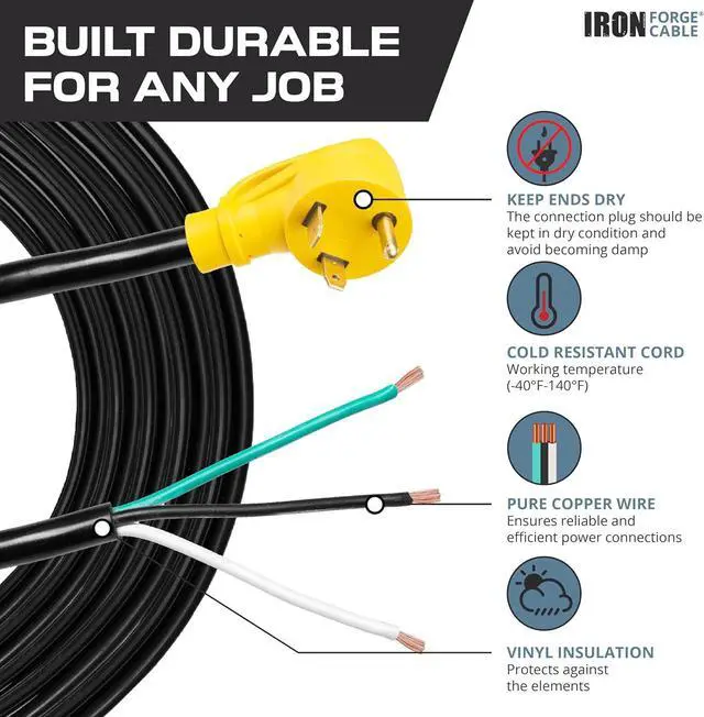 Alt view image 4 of 7 - Iron Forge Cable 30 Amp RV Replacement Cord 40 ft - 10/3 RV Extension Cord 40 Foot NEMA TT-30P to Open End 3 Wire - Heavy Duty 10 Gauge STW 30 Amp RV Cord Electrical Wire for Camper