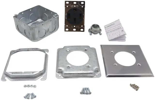 Main image of Industrial Grade NEMA 14-50R 50 Amp Receptacle with Quick Wiring for Generators, Surface Mount for Welding Equipment, Galvanized Iron and Stainless Steel