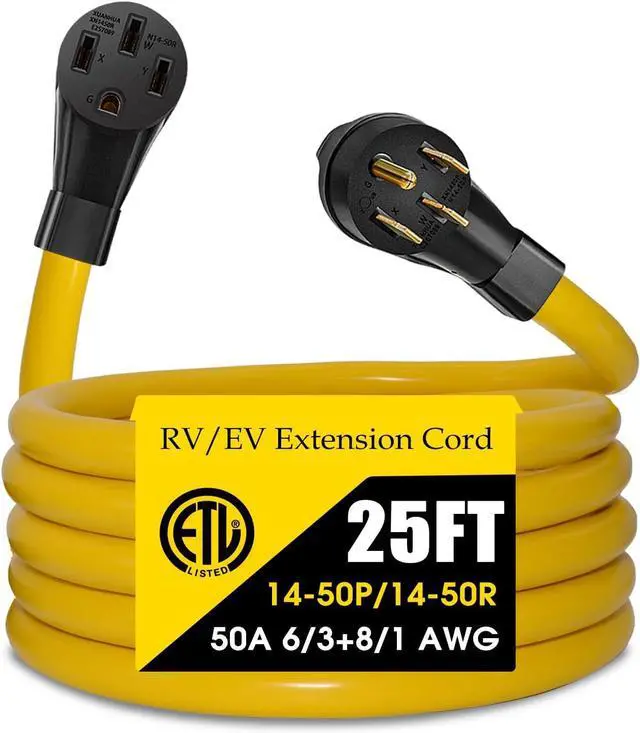 Main image of 50 Amp RV/EV Extension Cord, 4 Prong NEMA 14-50P to 14-50R 50F/50M Cable Suit for RV Trailer Campers, Tesla Model 3-S-X-Y, Heavy Duty STW with Cord Organizer, ETL Listed (25 FT)