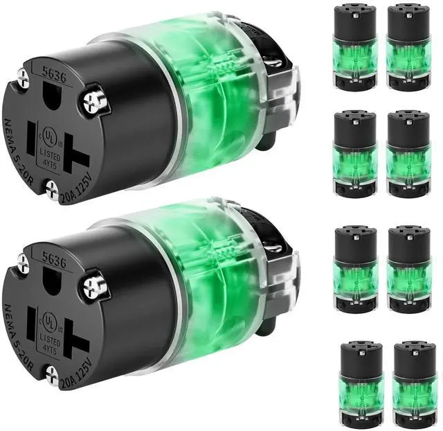 Main image of Lighted 20 Amp 125 Volt NEMA 5-20R 2 Pole 3 Wire Grounding Straight Blade Electrical Plug Replacement Cord Outlet Commercial Grade, Black, 10 Pack