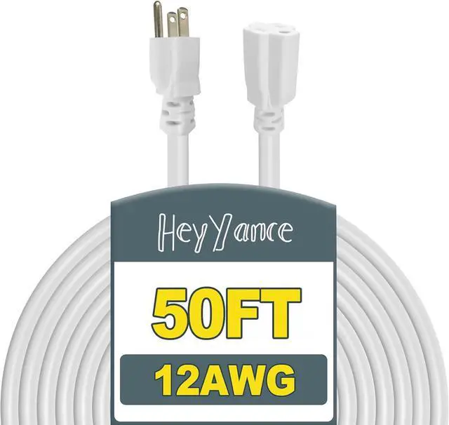Main image of 50 Ft Heavy Duty Outdoor Extension Cord Waterproof - 12/3 SJTW 15A 1875W White Extension Cable with 3 Prong Grounded Plug, Waterproof Electric Cable for Lawn, Garden, Appliances, UL Listed