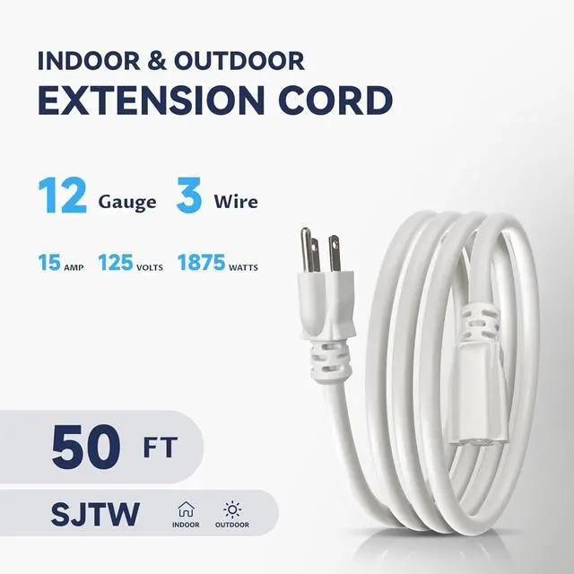 Alt view image 2 of 7 - 50 Ft Heavy Duty Outdoor Extension Cord Waterproof - 12/3 SJTW 15A 1875W White Extension Cable with 3 Prong Grounded Plug, Waterproof Electric Cable for Lawn, Garden, Appliances, UL Listed