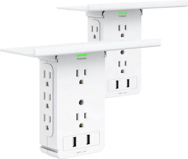 Main image of Wall Shelf with 10-Port Surge Protector, 8 Electrical Outlet Extenders and 2.4A USB Ports, with Removable Built-in Shelf, FCC Listed (2 Packs,White)