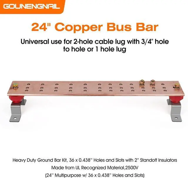 Alt view image 2 of 7 - 24" Ground Bar Kit,4'' Wide Heavy Duty Ground Bars Copper Bus Bar with 2500V 2'' x 2'' Standoff Insulators Made of UL Recognized Material (Copper Ground Bar 24" x 4'' x 1/4'')