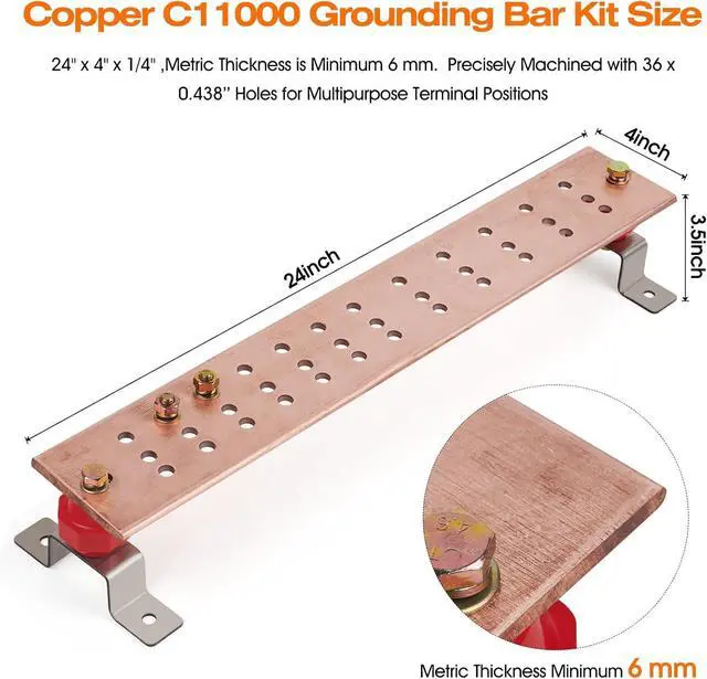 Alt view image 3 of 7 - 24" Ground Bar Kit,4'' Wide Heavy Duty Ground Bars Copper Bus Bar with 2500V 2'' x 2'' Standoff Insulators Made of UL Recognized Material (Copper Ground Bar 24" x 4'' x 1/4'')