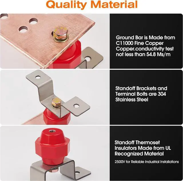 Alt view image 4 of 7 - 24" Ground Bar Kit,4'' Wide Heavy Duty Ground Bars Copper Bus Bar with 2500V 2'' x 2'' Standoff Insulators Made of UL Recognized Material (Copper Ground Bar 24" x 4'' x 1/4'')