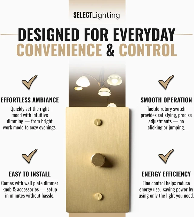 Alt view image 4 of 7 - 1-Gang Satin Solid Brass Rotary Dimmer Switch, 15A 120V AC Wall Mount, TRIAC/Leading Edge 1-Way Compatible, Dimmable LED Light Control with Knob, Faceplate & Dimming Module