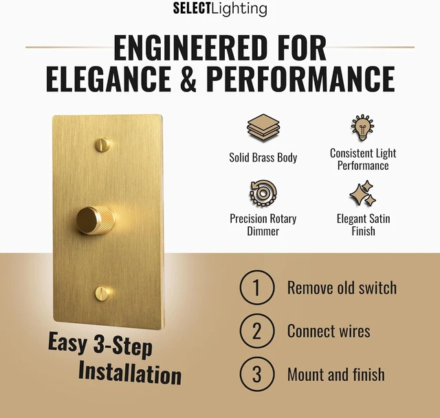 Alt view image 2 of 7 - 1-Gang Satin Solid Brass Rotary Dimmer Switch, 15A 120V AC Wall Mount, TRIAC/Leading Edge 1-Way Compatible, Dimmable LED Light Control with Knob, Faceplate & Dimming Module
