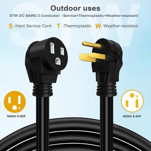Alt view image 6 of 6 - Welding Cord 6 AWG, 10FT, Welding Extension Cords 50 amp, 125V/250V Welding Power Cord NEMA 6-50P to NEMA 6-50R
