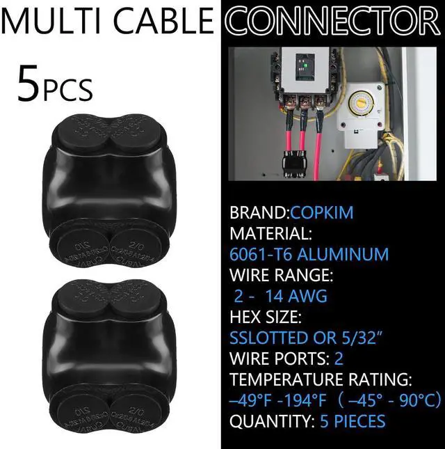 Alt view image 2 of 6 - Copkim 5 Pcs 2 Port Insulated Wire Connectors Aluminum Inline Splice Tap Connector Pre-Filled Oxide Inhibitor Dual Entry for Electrical Wires Application (2-14 Wire Range,Slotted or 5/32" Allen Hex)