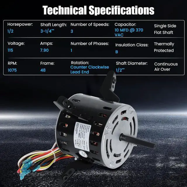 Alt view image 3 of 6 - 5KCP39LGV569BS Furnace Blower Motor Replaces HC43TE113, HC43TE113A, HB43TR113, 5KCP39LGSA06S, 1/2 HP 115V 1075 RPM 3-Speed 60Hz, Compatible with Carrier Bryant Payne GE Genteq
