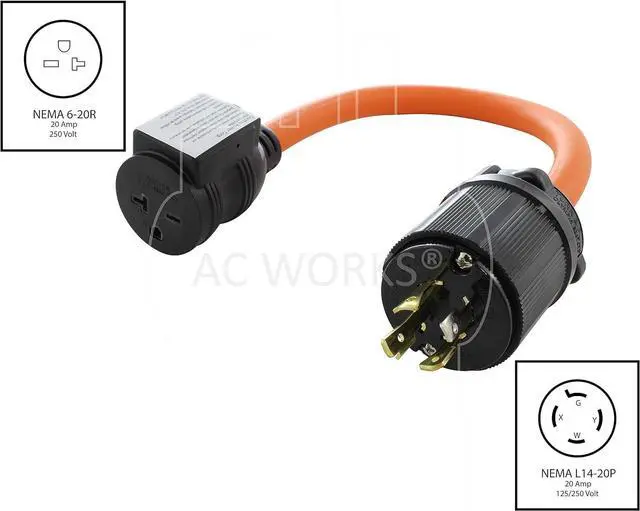 Alt view image 2 of 7 - AC WORKS Locking Adapter NEMA L14-20P 20Amp 4-Prong Generator Locking Plug to NEMA 6-20R 250V Adapter (Flexible with Breaker)