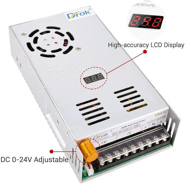 Alt view image 2 of 7 - DROK 24V Power Supply, AC 110V/220V to DC 0-24V 20A 480W Buck Converter, Variable Adjustable Adapter Regulated 5V 12V 24V Volt Switching Voltage LED Transformer 20A Amp Charger for Computer Lab