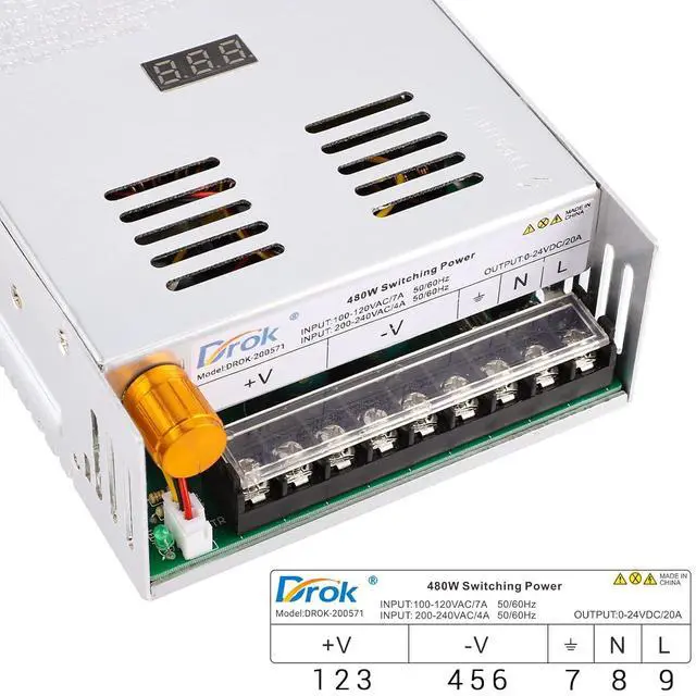 Alt view image 3 of 7 - DROK 24V Power Supply, AC 110V/220V to DC 0-24V 20A 480W Buck Converter, Variable Adjustable Adapter Regulated 5V 12V 24V Volt Switching Voltage LED Transformer 20A Amp Charger for Computer Lab