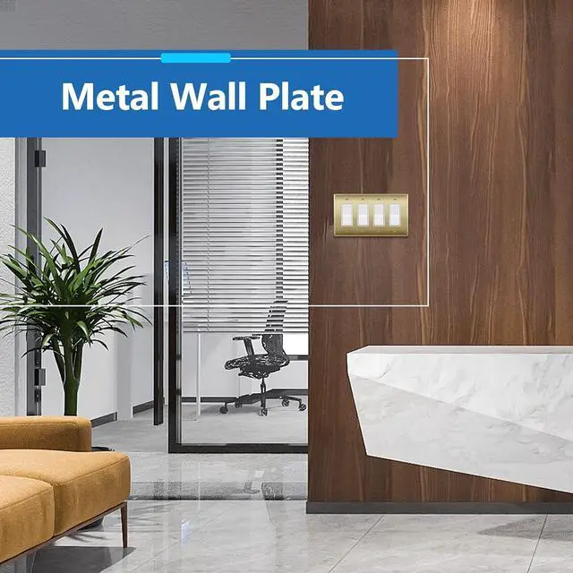 Alt view image 2 of 7 - LIDER Decorator Switch or Receptacle Metal Wall Plate, Stainless Steel Outlet Cover, Corrosion Resistant, Mid-Size 4-Gang 4.88" x 8.58", Stainless Steel, LMWP-34M-BB, Brushed Brass