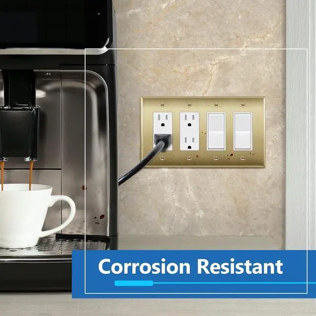Alt view image 3 of 7 - LIDER Decorator Switch or Receptacle Metal Wall Plate, Stainless Steel Outlet Cover, Corrosion Resistant, Mid-Size 4-Gang 4.88" x 8.58", Stainless Steel, LMWP-34M-BB, Brushed Brass