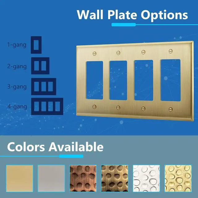 Alt view image 4 of 7 - LIDER Decorator Switch or Receptacle Metal Wall Plate, Stainless Steel Outlet Cover, Corrosion Resistant, Mid-Size 4-Gang 4.88" x 8.58", Stainless Steel, LMWP-34M-BB, Brushed Brass