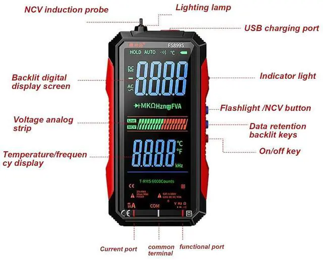 Alt view image 3 of 7 - Digital Multimeter Tester, Portable NCV Smart Multimeter with LED Flashlight, USB Rechargeable Voltage Meter for Current Resistance Continuity Capacitance Temperature Frequency