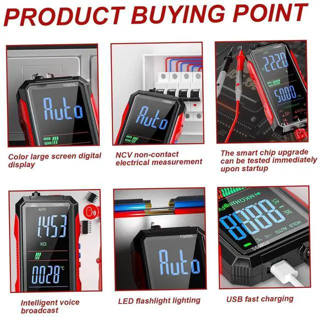 Alt view image 5 of 7 - Digital Multimeter Tester, Portable NCV Smart Multimeter with LED Flashlight, USB Rechargeable Voltage Meter for Current Resistance Continuity Capacitance Temperature Frequency