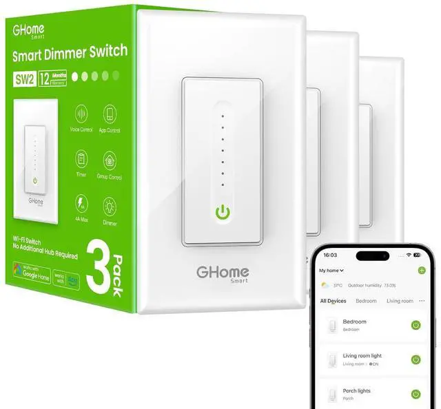 Main image of Ghome Smart Dimmer Switch, Single Pole, 2.4GHz WiFi Switch, Neutral Wire Required, Smart Dimmer Light Switch Compatible with Alexa and Google Home 3 Pack, White