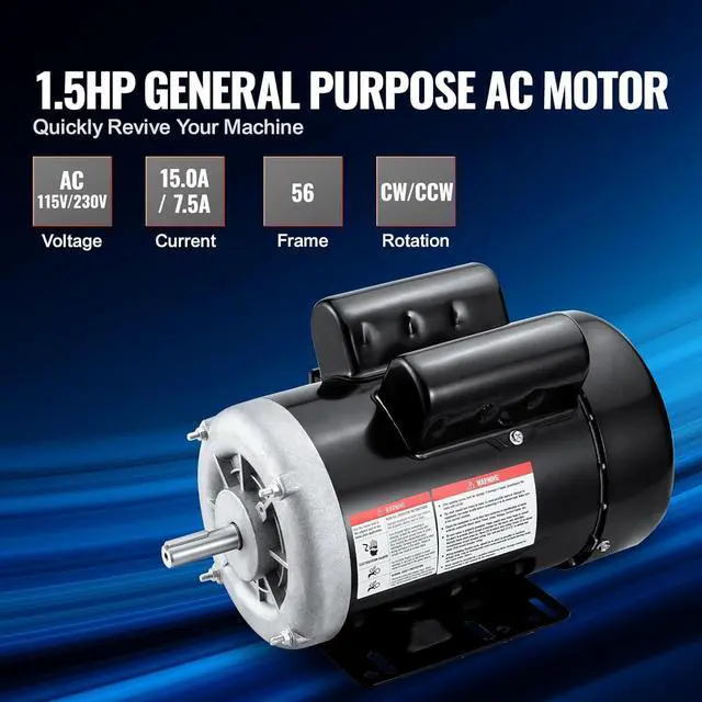Alt view image 2 of 7 - 1.5HP Electric Motor, 3450 RPM, AC 115V/230V, 56 Frame, Single-Phase Air Compressor Motor with 5/8" Keyed Shaft, Reversible Rotation for Agricultural and General Equipment