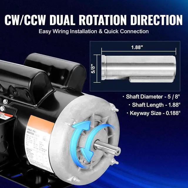 Alt view image 4 of 7 - 1.5HP Electric Motor, 3450 RPM, AC 115V/230V, 56 Frame, Single-Phase Air Compressor Motor with 5/8" Keyed Shaft, Reversible Rotation for Agricultural and General Equipment