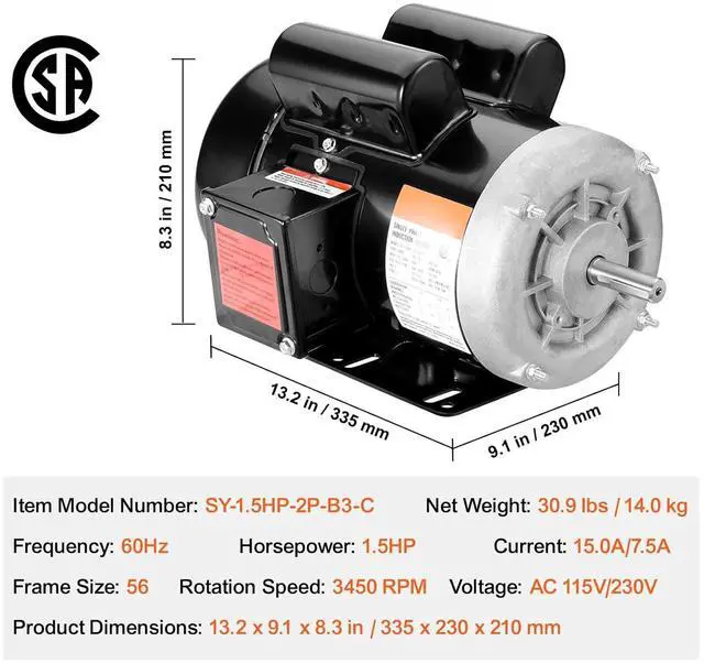 Alt view image 7 of 7 - 1.5HP Electric Motor, 3450 RPM, AC 115V/230V, 56 Frame, Single-Phase Air Compressor Motor with 5/8" Keyed Shaft, Reversible Rotation for Agricultural and General Equipment
