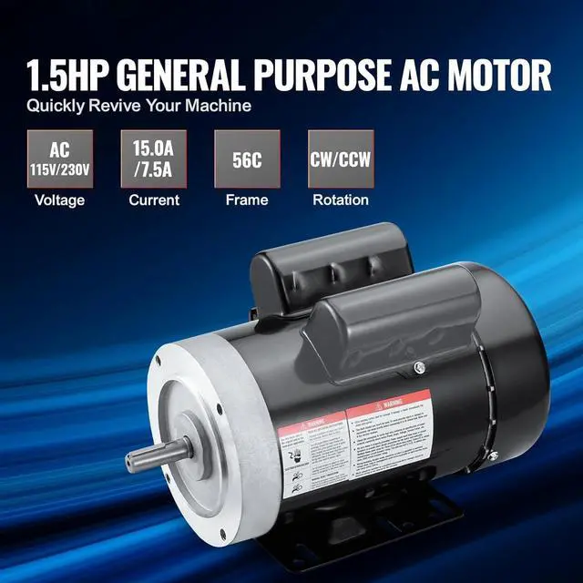 Alt view image 2 of 7 - 1.5HP Electric Motor, 3450 RPM, AC 115V/230V, 56C Frame, Single-Phase Air Compressor Motor with 5/8" Keyed Shaft, CW/CCW Rotation for Agricultural and General Equipment