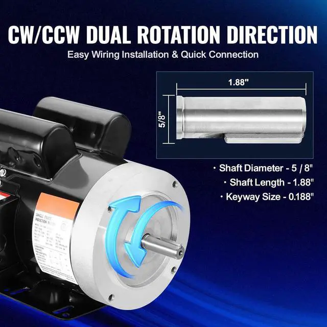 Alt view image 4 of 7 - 1.5HP Electric Motor, 3450 RPM, AC 115V/230V, 56C Frame, Single-Phase Air Compressor Motor with 5/8" Keyed Shaft, CW/CCW Rotation for Agricultural and General Equipment